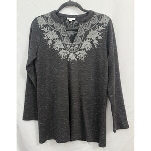 J.Jill Long Sleeve Waffle Knit Embroidered V Neck Top Blouse Gray Womens Size XS